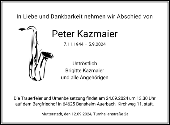 Traueranzeige von Peter Kazmaier von Bergsträßer Anzeiger