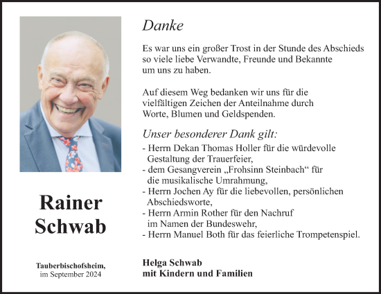 Traueranzeige von Rainer Schwab von Fränkische Nachrichten