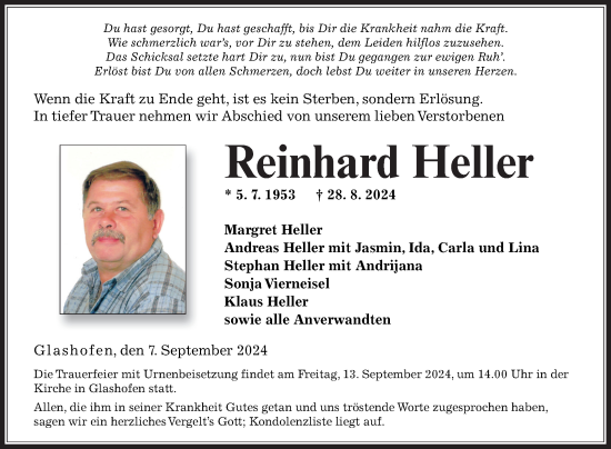 Traueranzeige von Reinhard Heller von Fränkische Nachrichten