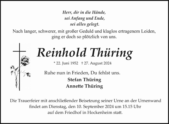 Traueranzeige von Reinhold Thüring von Schwetzinger Zeitung