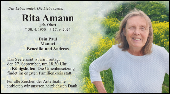 Traueranzeige von Rita Amann von Fränkische Nachrichten