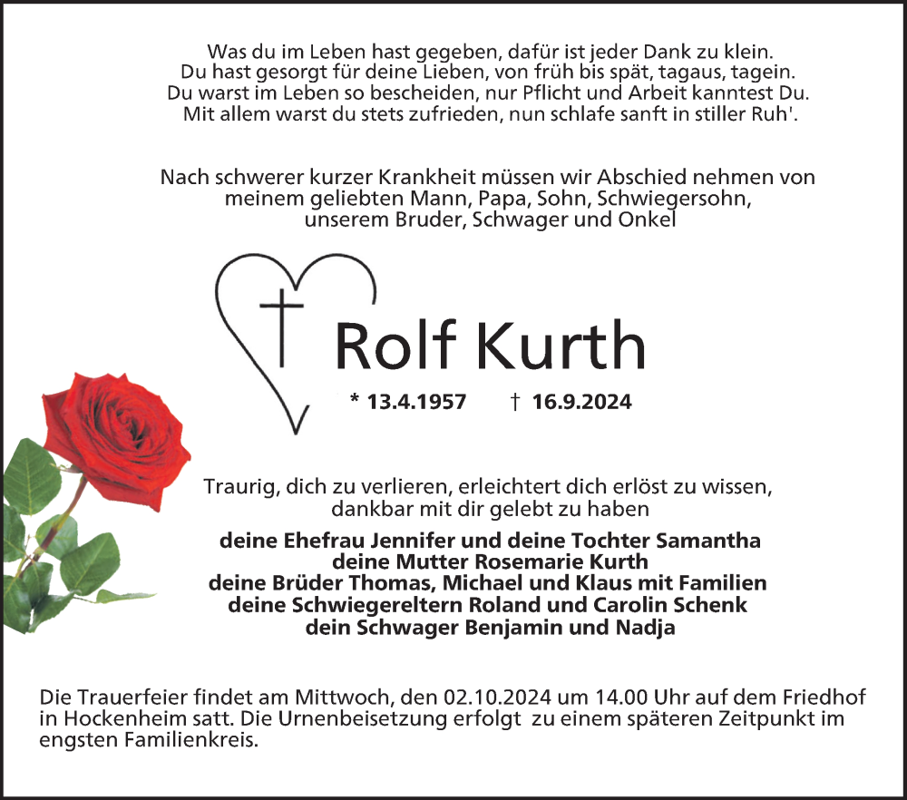  Traueranzeige für Rolf Kurth vom 28.09.2024 aus Schwetzinger Zeitung