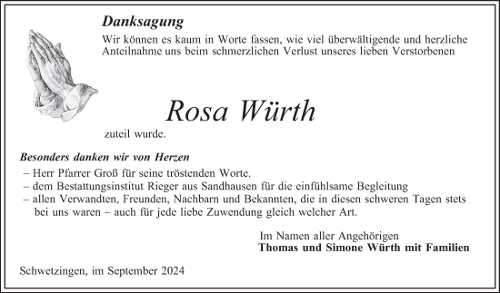 Traueranzeige von Rosa Würth von Schwetzinger Zeitung