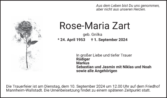 Traueranzeige von Rose-Maria Zart von Mannheimer Morgen