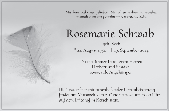 Traueranzeige von Rosemarie Schwab von Schwetzinger Zeitung