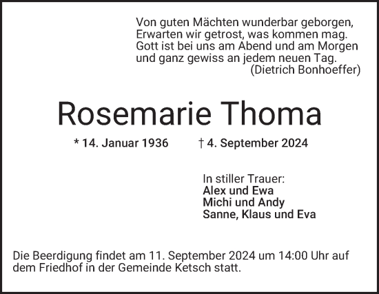 Traueranzeige von Rosemarie Thoma von Schwetzinger Zeitung