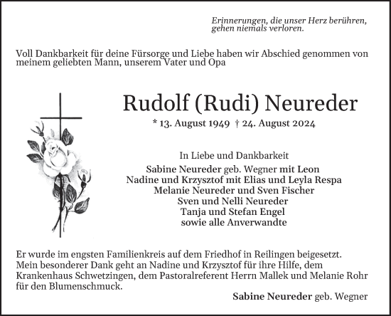 Traueranzeige von Rudolf Neureder von Schwetzinger Zeitung