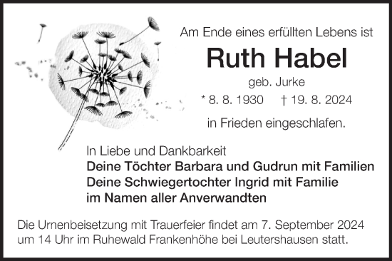 Traueranzeige von Ruth Habel von Fränkische Nachrichten