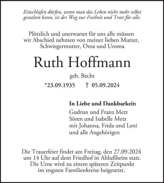 Traueranzeige von Ruth Hoffmann von Schwetzinger Zeitung