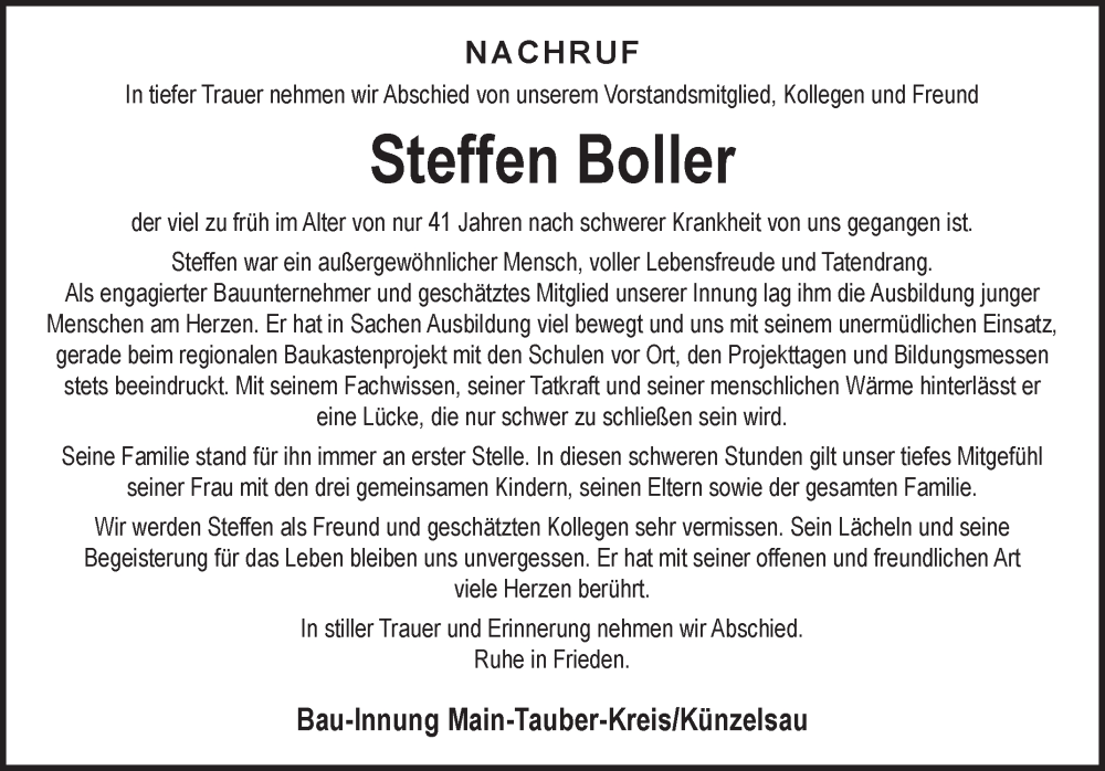  Traueranzeige für Steffen Boller vom 10.09.2024 aus Fränkische Nachrichten