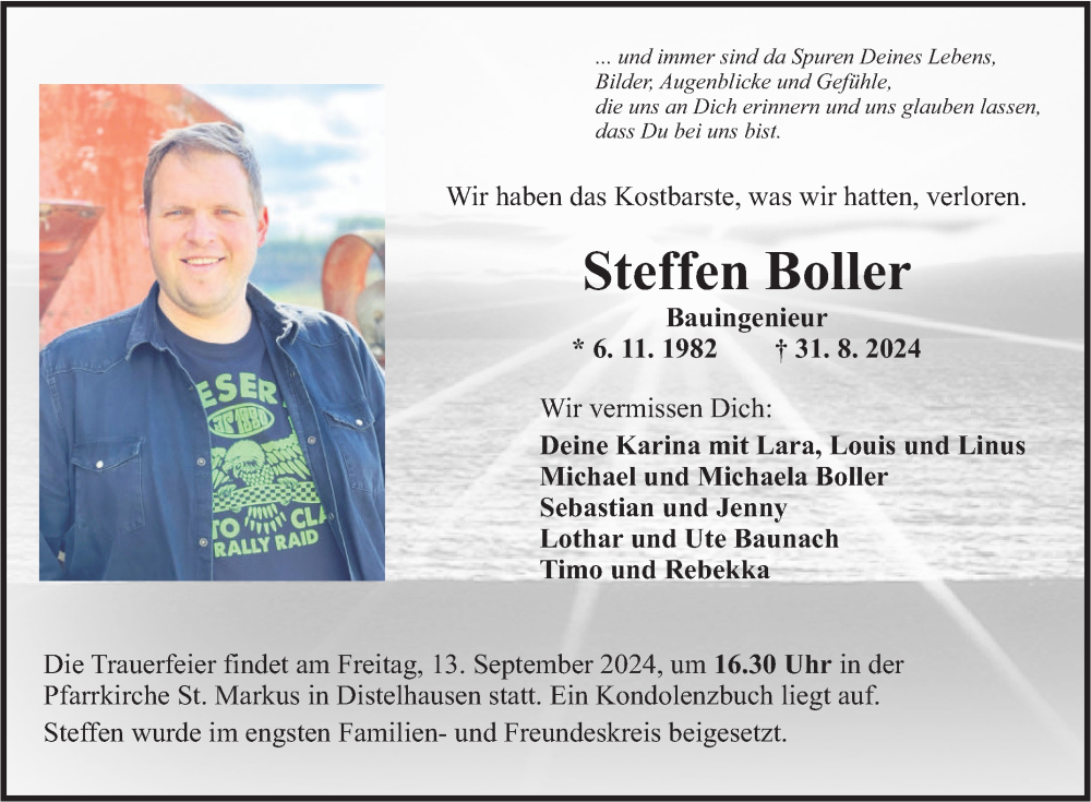  Traueranzeige für Steffen Boller vom 10.09.2024 aus Fränkische Nachrichten