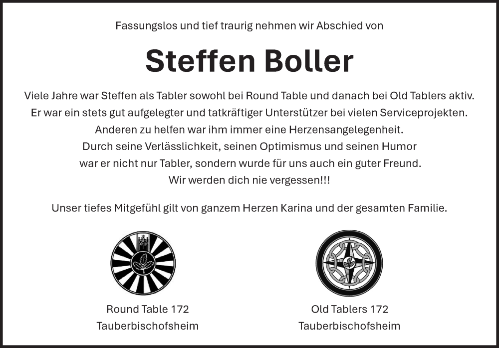  Traueranzeige für Steffen Boller vom 10.09.2024 aus Fränkische Nachrichten