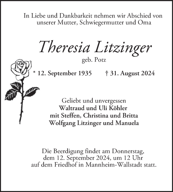 Traueranzeige von Theresia Litzinger von Mannheimer Morgen