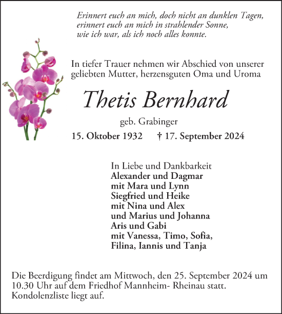 Traueranzeige von Thetis Bernhard von Mannheimer Morgen