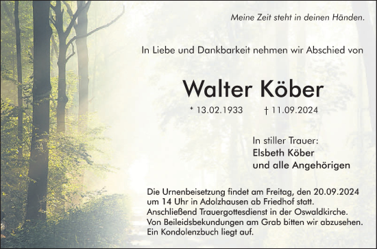 Traueranzeige von Walter Köber von Fränkische Nachrichten