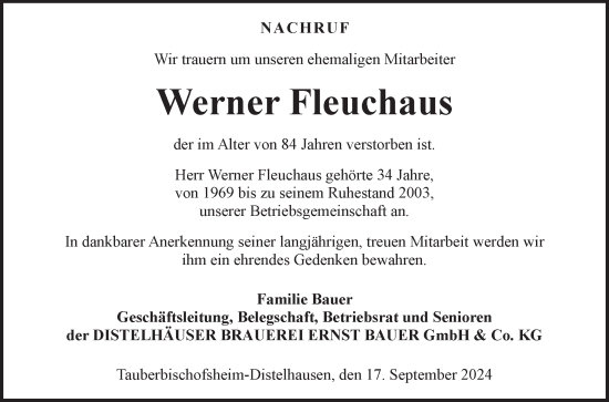 Traueranzeige von Werner Fleuchaus von Fränkische Nachrichten