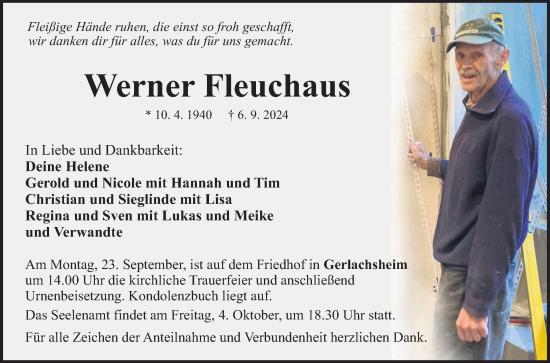 Traueranzeige von Werner Fleuchaus von Fränkische Nachrichten