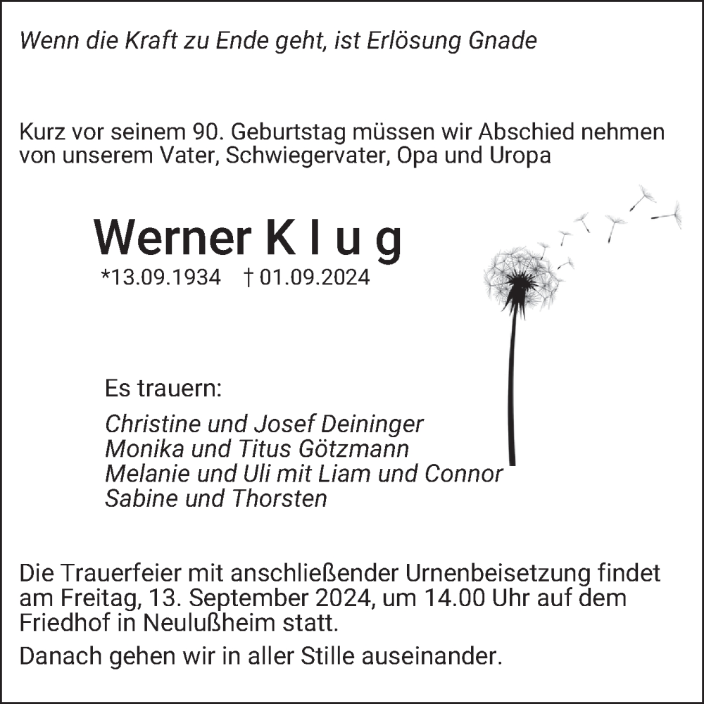  Traueranzeige für Werner Klug vom 10.09.2024 aus Schwetzinger Zeitung