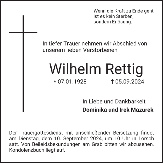 Traueranzeige von Wilhelm Rettig von Bergsträßer Anzeiger