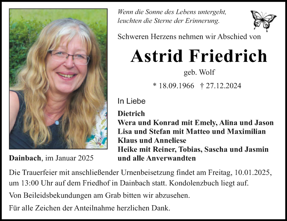  Traueranzeige für Astrid Friedrich vom 07.01.2025 aus Fränkische Nachrichten