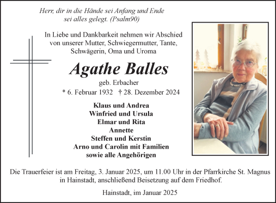 Traueranzeige von Agathe Balles von Fränkische Nachrichten