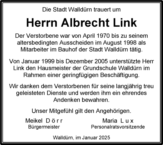 Traueranzeige von Albrecht Link von Fränkische Nachrichten