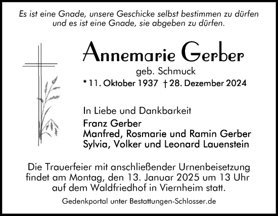 Traueranzeige von Annemarie Gerber von Mannheimer Morgen