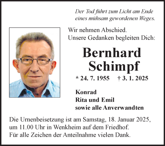 Traueranzeige von Bernhard Schimpf von Fränkische Nachrichten