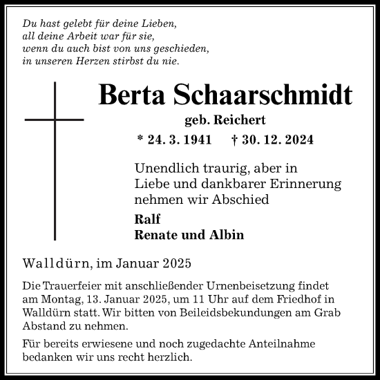 Traueranzeige von Berta Schaarschmidt von Fränkische Nachrichten