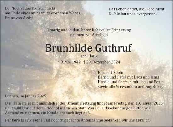 Traueranzeige von Brunhilde Guthruf von Fränkische Nachrichten