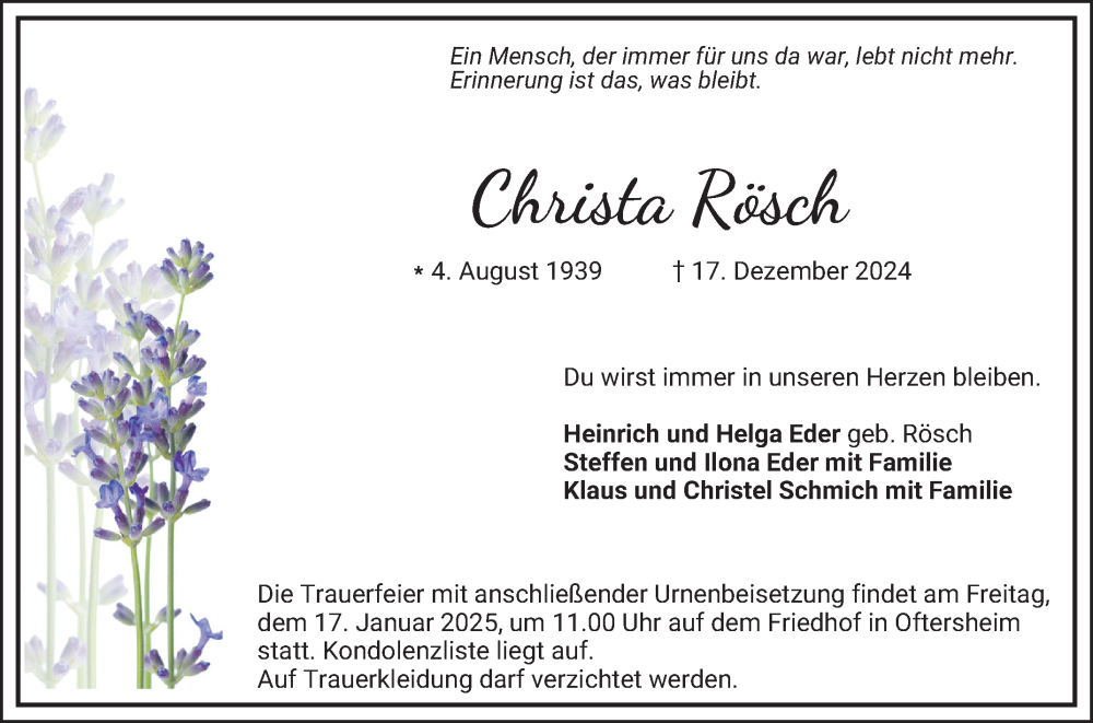  Traueranzeige für Christa Rösch vom 14.01.2025 aus Schwetzinger Zeitung