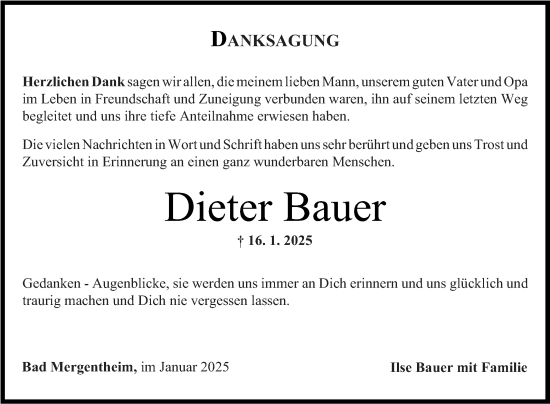 Traueranzeige von Dieter Bauer von Fränkische Nachrichten