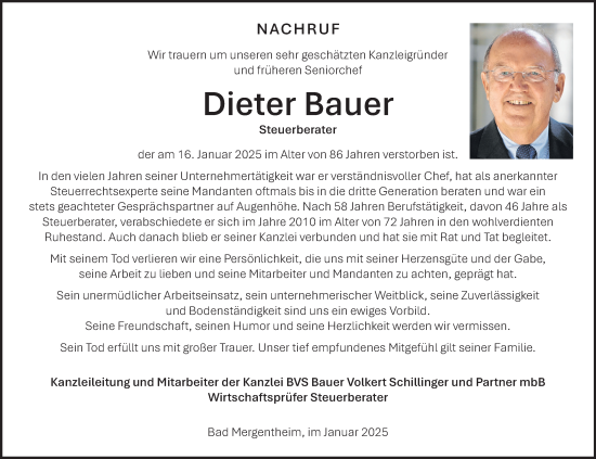 Traueranzeige von Dieter Bauer von Fränkische Nachrichten