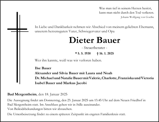 Traueranzeige von Dieter Bauer von Fränkische Nachrichten