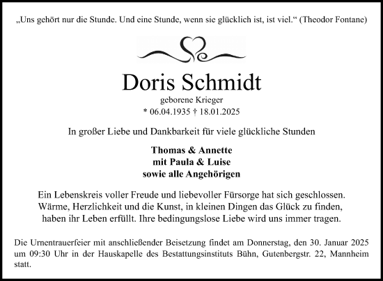 Traueranzeige von Doris Schmidt von Mannheimer Morgen