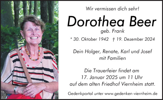 Traueranzeige von Dorothea Beer von Mannheimer Morgen