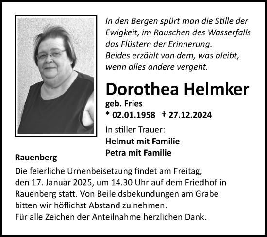 Traueranzeige von Dorothea Helmker von Fränkische Nachrichten