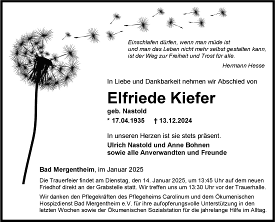 Traueranzeige von Elfriede Kiefer von Fränkische Nachrichten