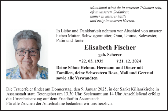 Traueranzeige von Elisabeth Fischer von Fränkische Nachrichten