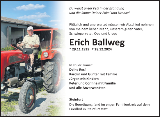 Traueranzeige von Erich Ballweg von Fränkische Nachrichten