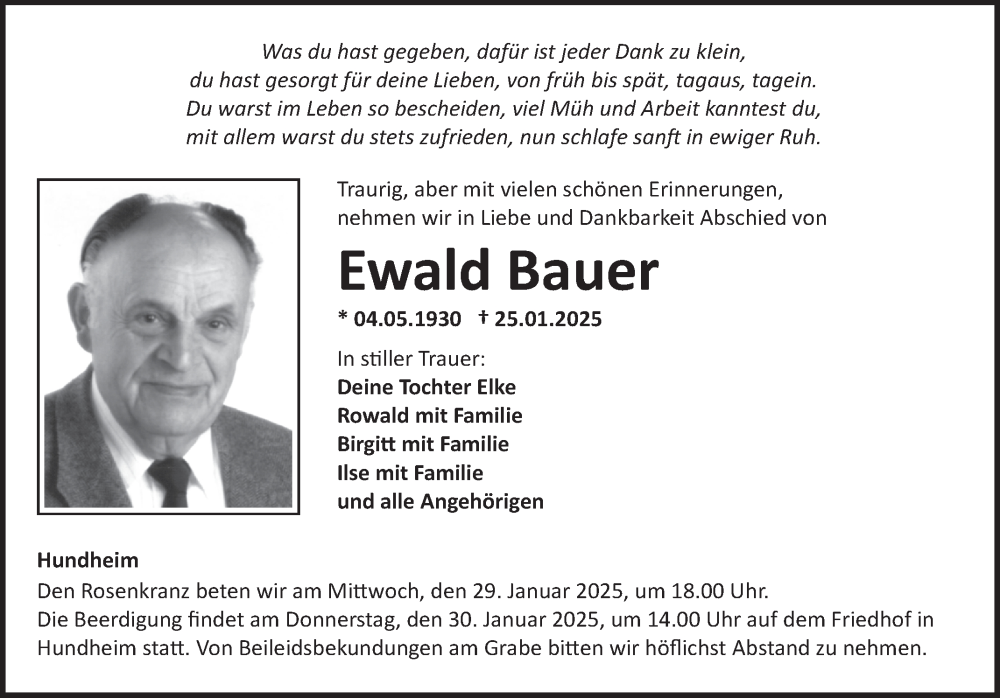  Traueranzeige für Ewald Bauer vom 28.01.2025 aus Fränkische Nachrichten