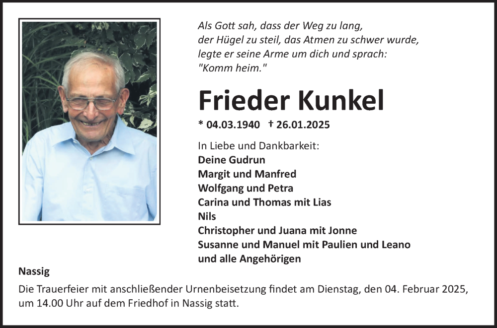  Traueranzeige für Frieder Kunkel vom 01.02.2025 aus Fränkische Nachrichten