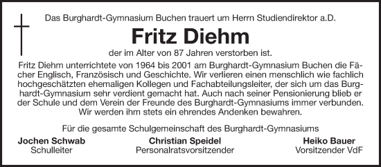 Traueranzeige von Fritz Diehm von Fränkische Nachrichten