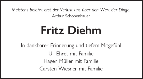 Traueranzeige von Fritz Diehm von Fränkische Nachrichten