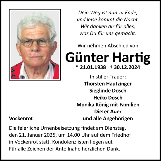 Traueranzeige von Günter Hartig von Fränkische Nachrichten