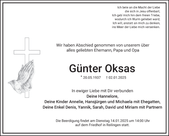 Traueranzeige von Günter Oksas von Schwetzinger Zeitung