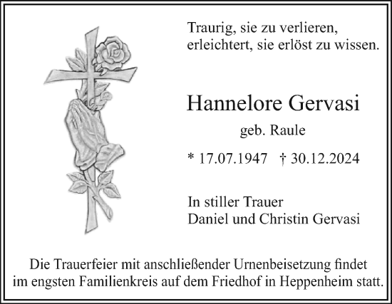 Traueranzeige von Hannelore Gervasi von Mannheimer Morgen