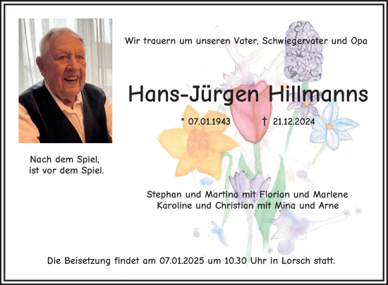 Traueranzeige von Hans-Jürgen Hillmanns von Bergsträßer Anzeiger