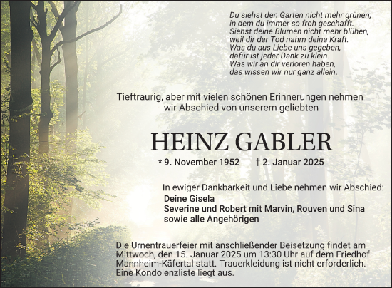 Traueranzeige von Heinz Gabler von Mannheimer Morgen