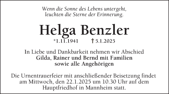 Traueranzeige von Helga Benzler von Mannheimer Morgen